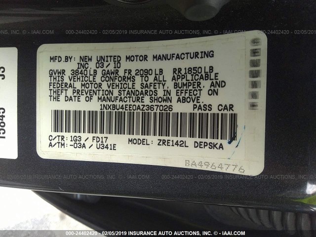 1NXBU4EE0AZ367026 - 2010 TOYOTA COROLLA S/LE/XLE GRAY photo 9