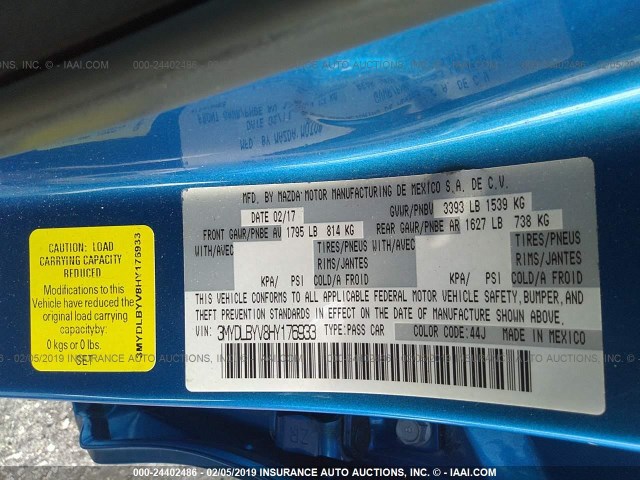 3MYDLBYV8HY176933 - 2017 TOYOTA YARIS IA BLUE photo 9