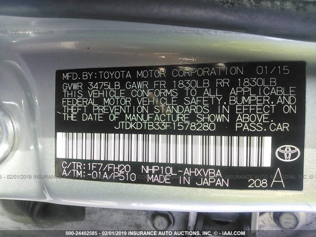 JTDKDTB33F1578280 - 2015 TOYOTA PRIUS C SILVER photo 9