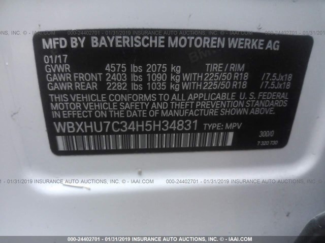 WBXHU7C34H5H34831 - 2017 BMW X1 SDRIVE28I WHITE photo 9