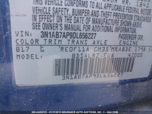 3N1AB7AP9DL656227 - 2013 NISSAN SENTRA BLUE photo 9