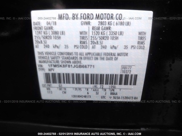 1FM5K8F81JGB66771 - 2018 FORD EXPLORER LIMITED BLACK photo 9