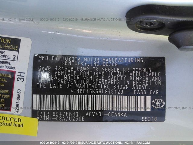 4T1BE46K69U845429 - 2009 TOYOTA CAMRY 浅蓝色 照片 9