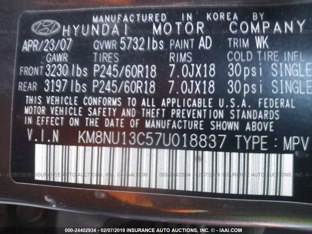 KM8NU13C57U018837 - 2007 HYUNDAI VERACRUZ GLS/SE/LIMITED BROWN photo 9