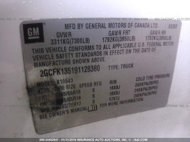 2GCFK135191128380 - 2009 CHEVROLET SILVERADO K1500 HYBRID WHITE photo 9