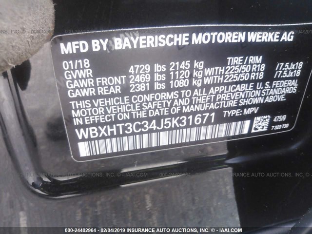 WBXHT3C34J5K31671 - 2018 BMW X1 XDRIVE28I BLACK photo 9