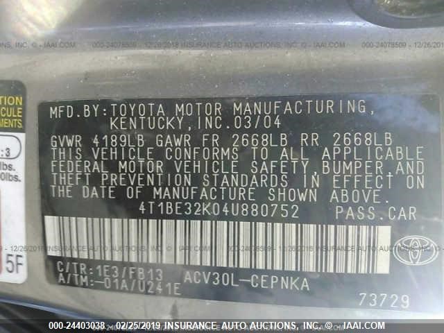 4T1BE32K04U880752 - 2004 TOYOTA CAMRY LE/XLE/SE Unknown photo 9