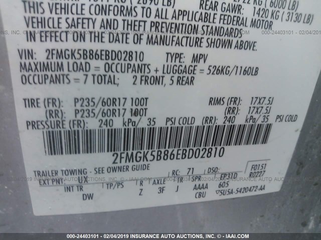 2FMGK5B86EBD02810 - 2014 FORD FLEX SE SILVER photo 9