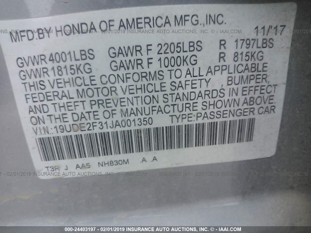 19UDE2F31JA001350 - 2018 ACURA ILX WATCH PLUS GRAY photo 9