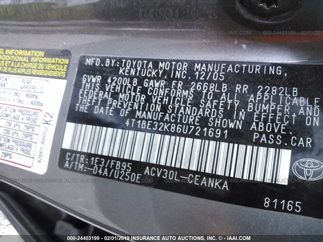 4T1BE32K86U721691 - 2006 TOYOTA CAMRY LE/XLE/SE GRAY photo 9