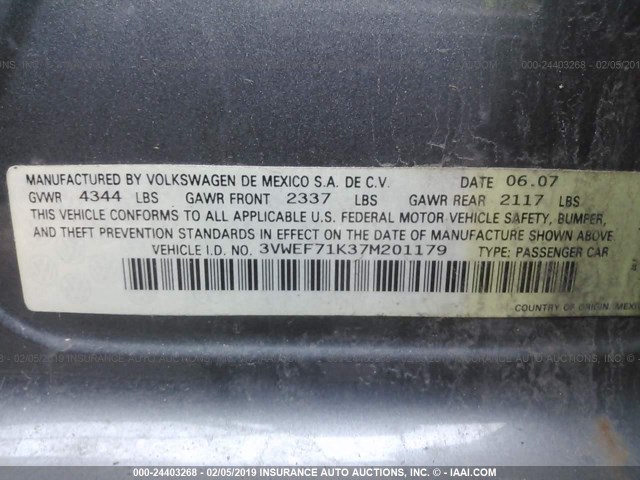 3VWEF71K37M201179 - 2007 VOLKSWAGEN JETTA WOLFSBURG 灰色 照片 9