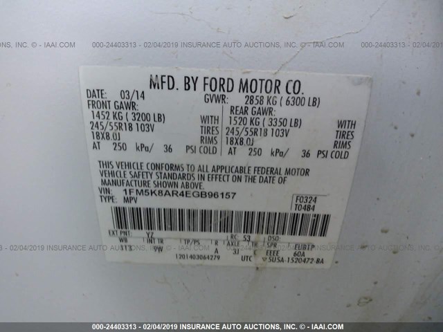 1FM5K8AR4EGB96157 - 2014 FORD EXPLORER WHITE photo 9