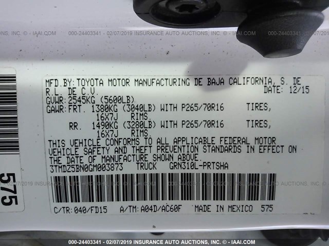 3TMDZ5BN0GM003873 - 2016 TOYOTA TACOMA WHITE photo 9