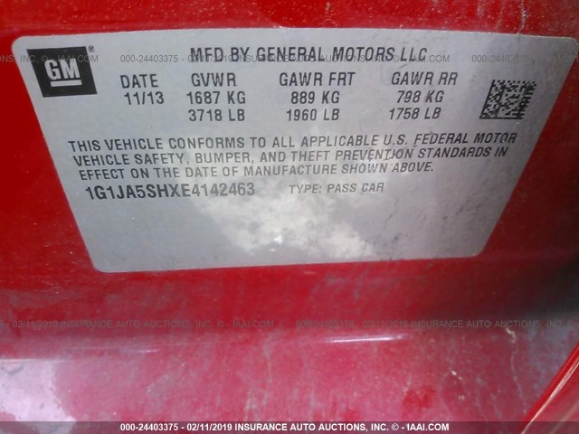 1G1JA5SHXE4142463 - 2014 CHEVROLET SONIC LS წითელი ფოტო 9