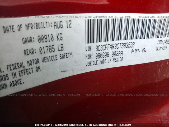 3C3CFFAR3CT383598 - 2012 FIAT 500 POP RED photo 9