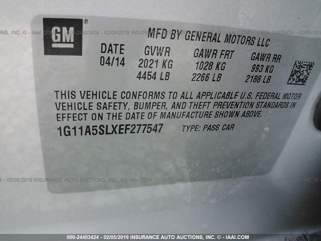 1G11A5SLXEF277547 - 2014 CHEVROLET MALIBU LS SILVER photo 9