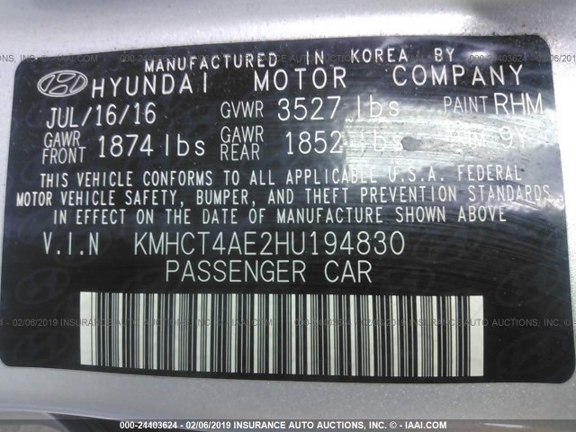 KMHCT4AE2HU194830 - 2017 HYUNDAI ACCENT SE GRAY photo 9