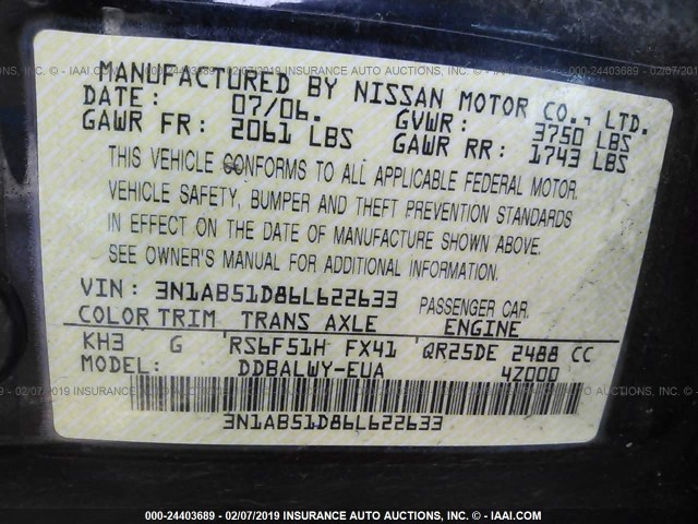 3N1AB51D86L622633 - 2006 NISSAN SENTRA SE-R SPEC V BLACK photo 9