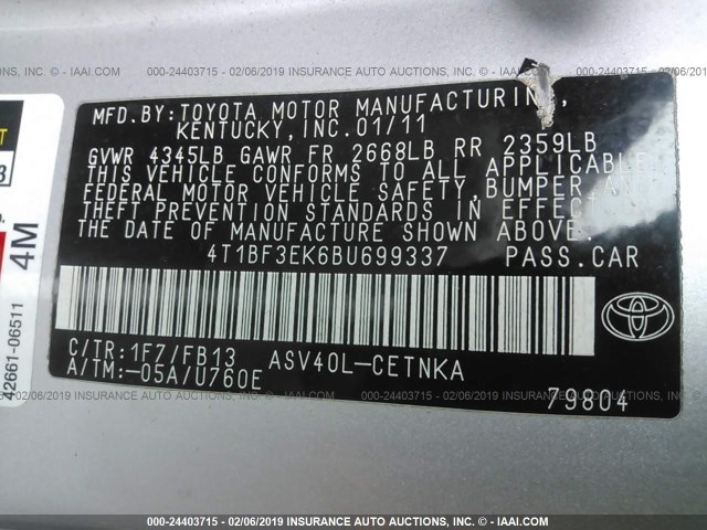 4T1BF3EK6BU699337 - 2011 TOYOTA CAMRY SE/LE/XLE SILVER photo 9