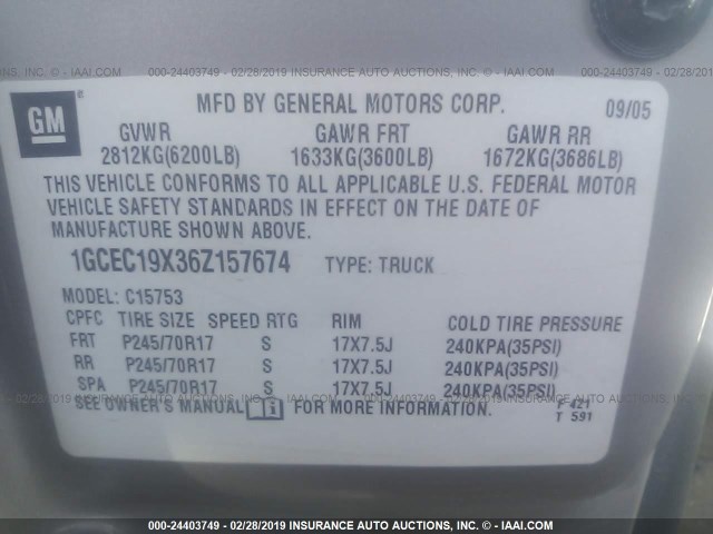 1GCEC19X36Z157674 - 2006 CHEVROLET SILVERADO C1500 SILVER photo 9