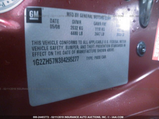 1G2ZH57N384295277 - 2008 PONTIAC G6 GT MAROON photo 9