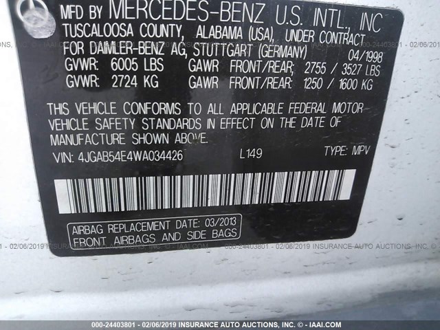 4JGAB54E4WA034426 - 1998 MERCEDES-BENZ ML 320 WHITE photo 9