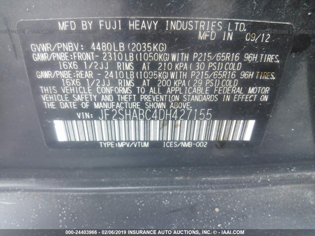 JF2SHABC4DH427155 - 2013 SUBARU FORESTER 2.5X GRAY photo 9