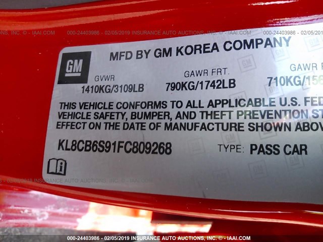 KL8CB6S91FC809268 - 2015 CHEVROLET SPARK LS RED photo 9