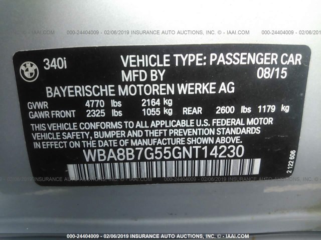 WBA8B7G55GNT14230 - 2016 BMW 340 XI SILVER photo 9