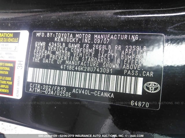 4T1BE46K28U743091 - 2008 TOYOTA CAMRY CE/LE/XLE/SE BLACK photo 9