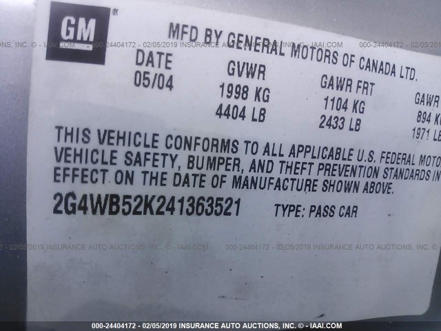 2G4WB52K241363521 - 2004 BUICK REGAL LS SILVER photo 9