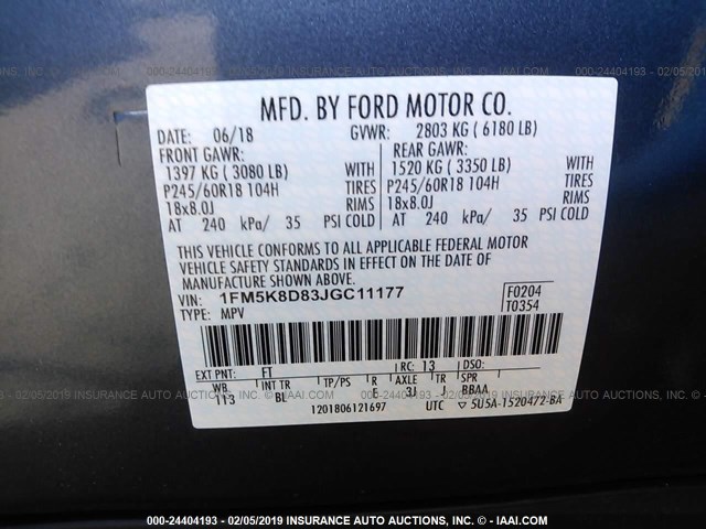 1FM5K8D83JGC11177 - 2018 FORD EXPLORER XLT BLUE photo 9