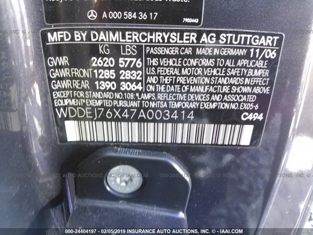 WDDEJ76X47A003414 - 2007 MERCEDES-BENZ CL 600 GRAY photo 9