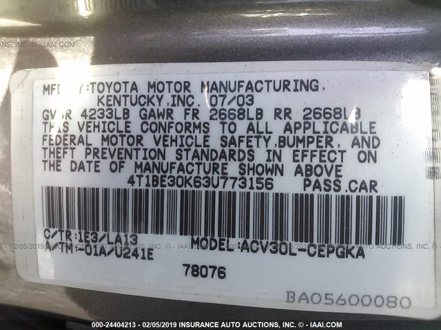 4T1BE30K63U773156 - 2003 TOYOTA CAMRY LE/XLE/SE GRAY photo 9