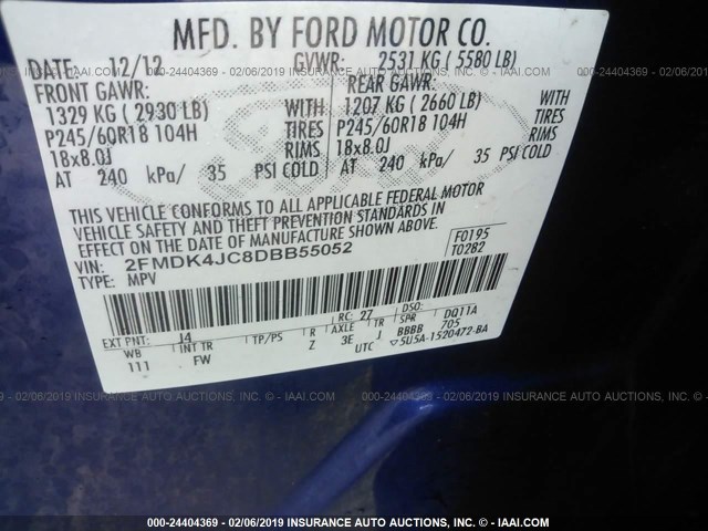 2FMDK4JC8DBB55052 - 2013 FORD EDGE SEL BLUE photo 9