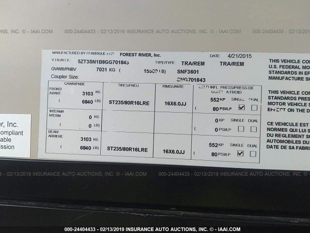 5ZT3SN1B8GG701843 - 2016 FOREST RIVER OTHER  棕色 照片 9