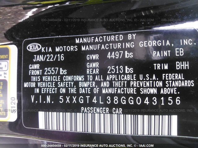 5XXGT4L38GG043156 - 2016 KIA OPTIMA LX BLACK photo 9