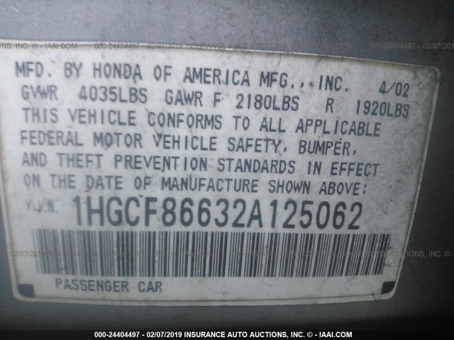 1HGCF86632A125062 - 2002 HONDA ACCORD VALUE SILVER photo 9