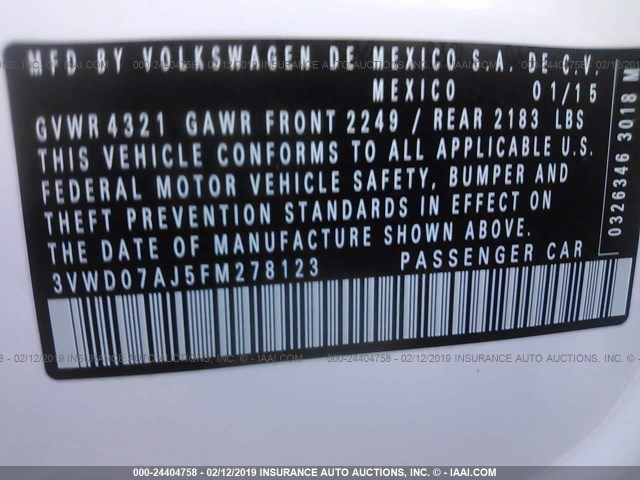 3VWD07AJ5FM278123 - 2015 VOLKSWAGEN JETTA SE WHITE photo 9