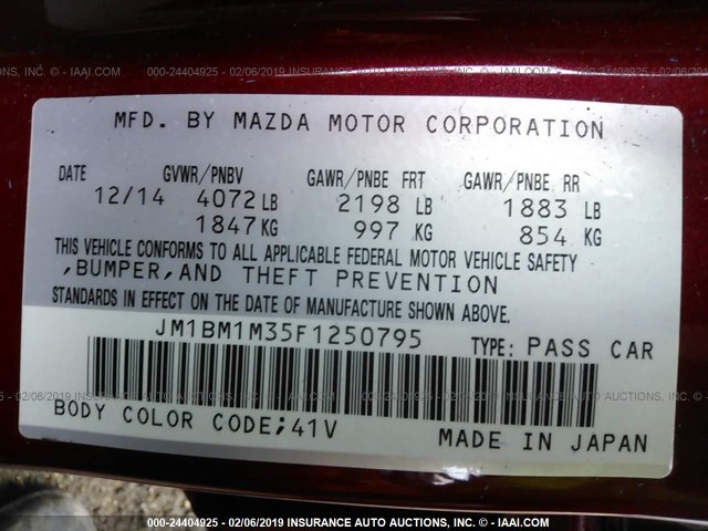 JM1BM1M35F1250795 - 2015 MAZDA 3 GRAND TOURING RED photo 9