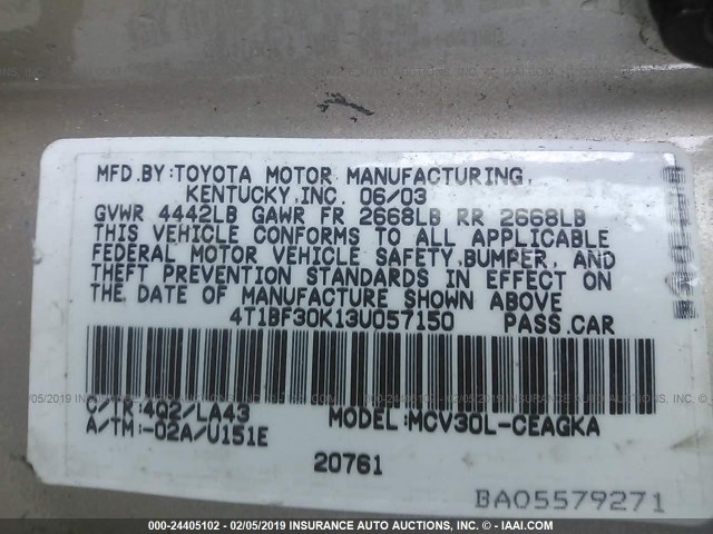 4T1BF30K13U057150 - 2003 TOYOTA CAMRY LE/XLE/SE GOLD photo 9