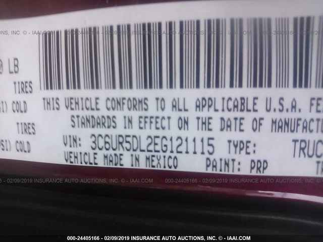 3C6UR5DL2EG121115 - 2014 RAM 2500 SLT BURGUNDY photo 9