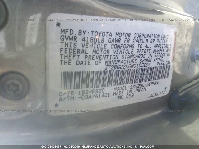 JT2BG22K6W0105299 - 1998 TOYOTA CAMRY CE/LE/XLE TAN photo 9