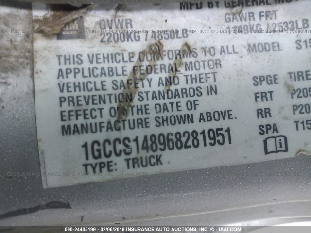 1GCCS148968281951 - 2006 CHEVROLET COLORADO SILVER photo 9