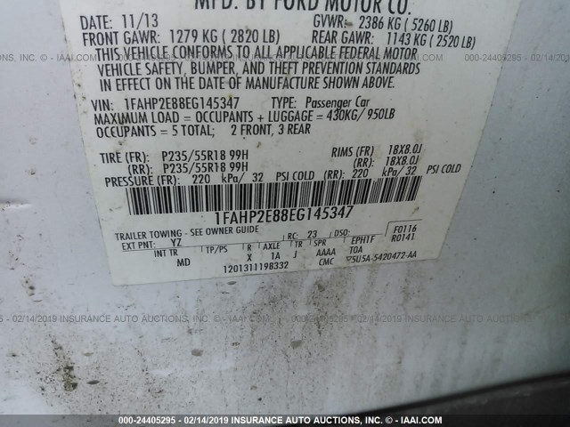 1FAHP2E88EG145347 - 2014 FORD TAURUS SEL WHITE photo 9