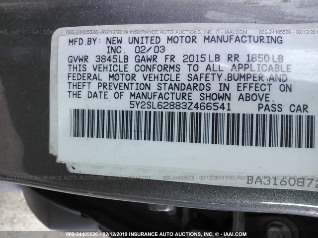 5Y2SL62883Z466541 - 2003 PONTIAC VIBE GRAY photo 9