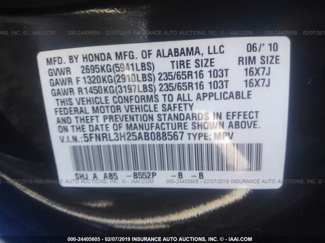 5FNRL3H25AB088567 - 2010 HONDA ODYSSEY LX BLUE photo 9