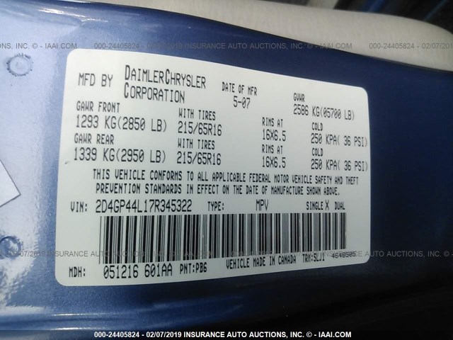 2D4GP44L17R345322 - 2007 DODGE GRAND CARAVAN SXT BLUE photo 9