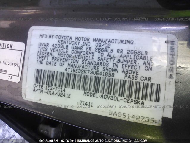 4T1BE32K73U641858 - 2003 TOYOTA CAMRY LE/XLE/SE GRAY photo 9