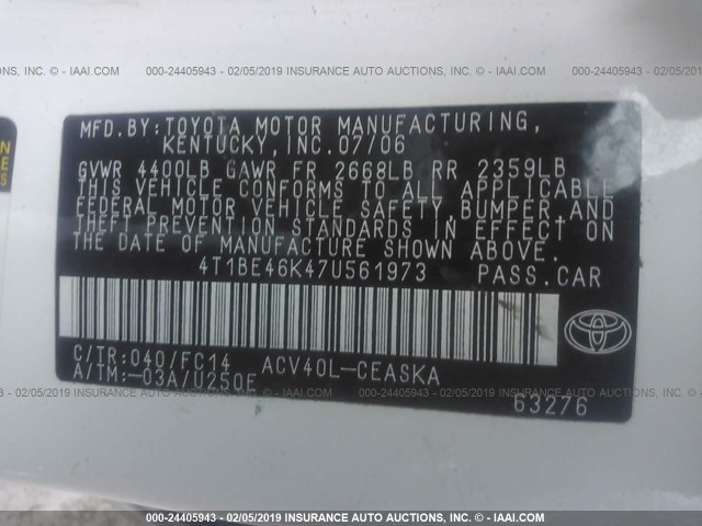 4T1BE46K47U561973 - 2007 TOYOTA CAMRY NEW GENERAT CE/LE/XLE/SE WHITE photo 9